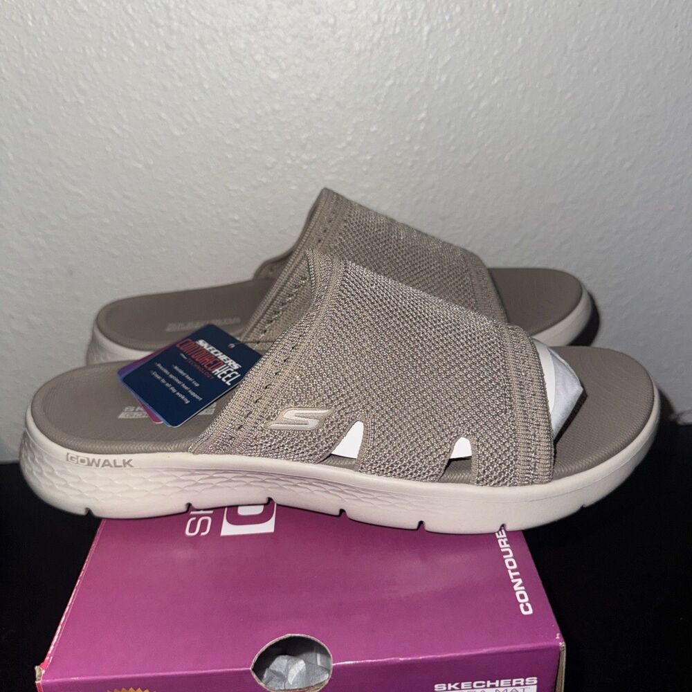 Skechers Go Walk Flex Slip-on Sandals Women 9 Beige Taupe Cushioned Lightweight
